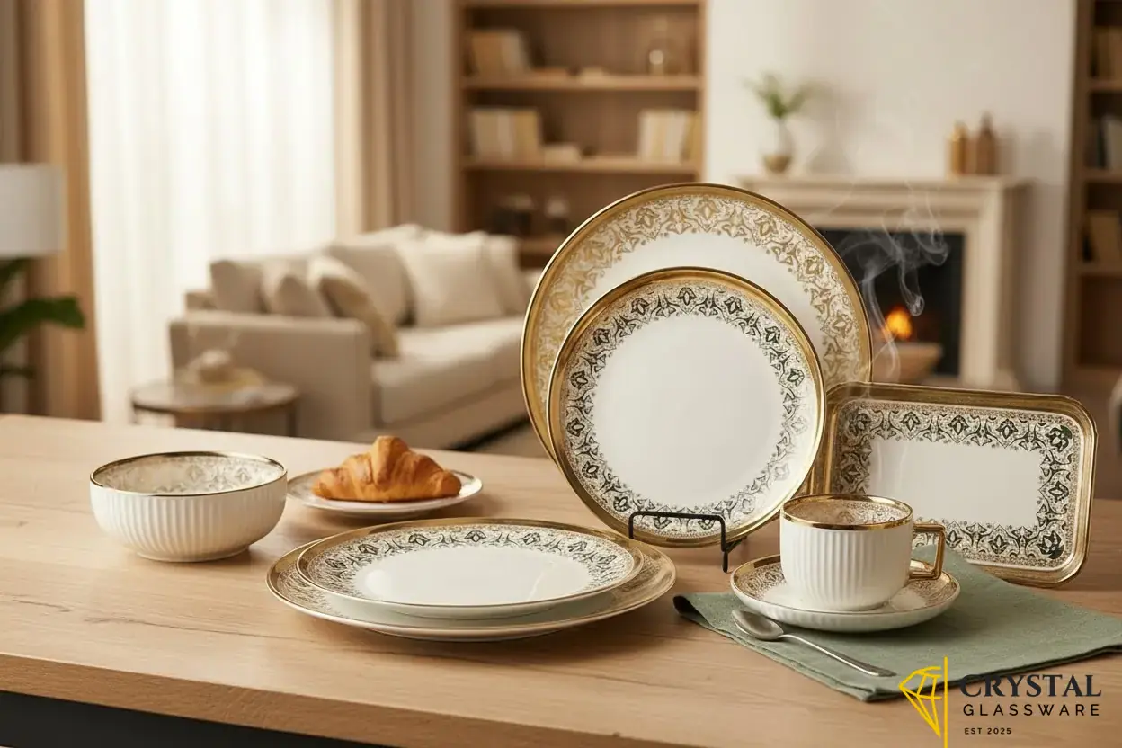 32 Piece Noritake Summit Gold dinner plate, featuring a wide, etched gold rim and a detailed, scrolled leaf pattern